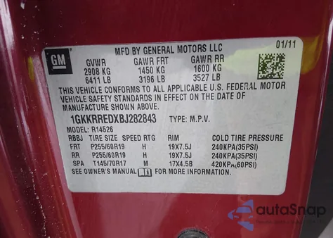 2011 GMC Acadia Slt-1 z USA, uszkodzony, nr VIN 1GKKRREDXBJ282843